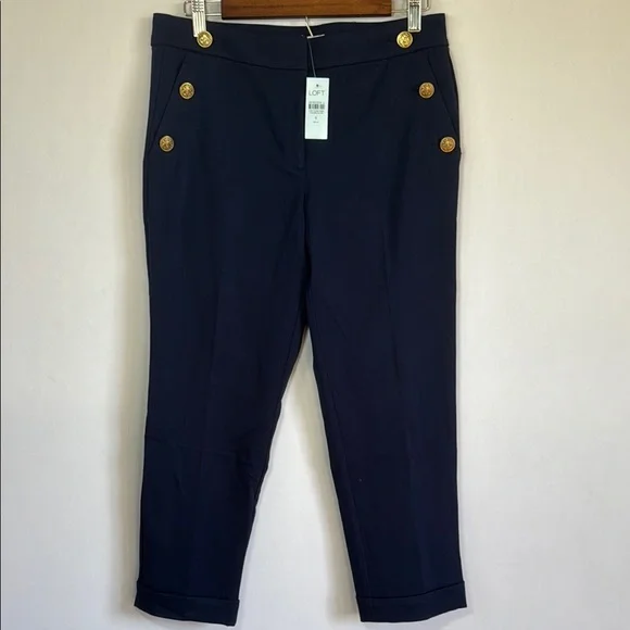 LOFT Navy Straight Leg Pants with Gold Buttons - Picture 1 of 4